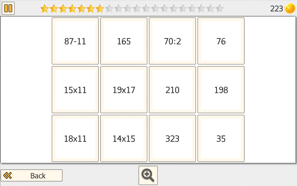 Match It calculating mode: match arithmetic problems like 87-11, 15x11, 18x11 to their results