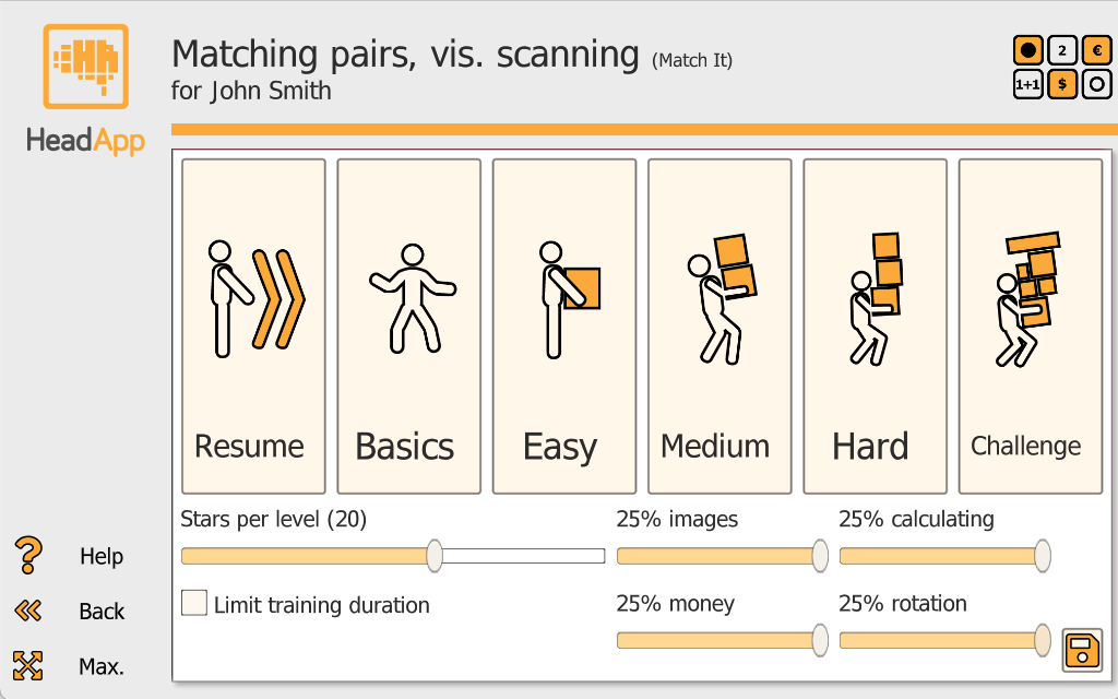 Match It settings screen with difficulty levels and training mode sliders