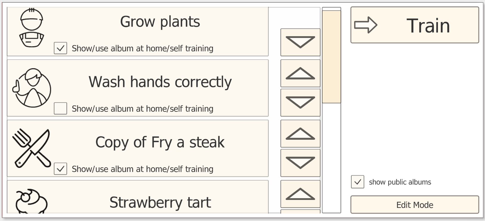 My World album templates: Grow plants, Wash hands correctly, Copy of Fry a steak, Strawberry tart with home training options and Train/Edit Mode buttons