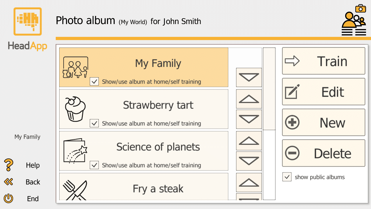 My World album manager: Photo album list for John Smith with albums My Family, Strawberry tart, Science of planets, Fry a steak - options to Train, Edit, New, Delete