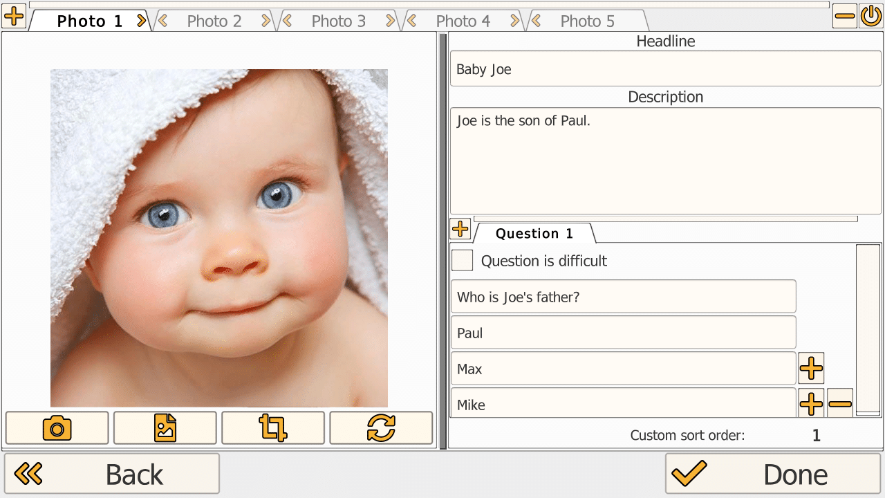 My World photo editor: Baby Joe photo with headline, description, and multiple-choice question setup - Who is Joe's father with answer options Paul, Max, Mike