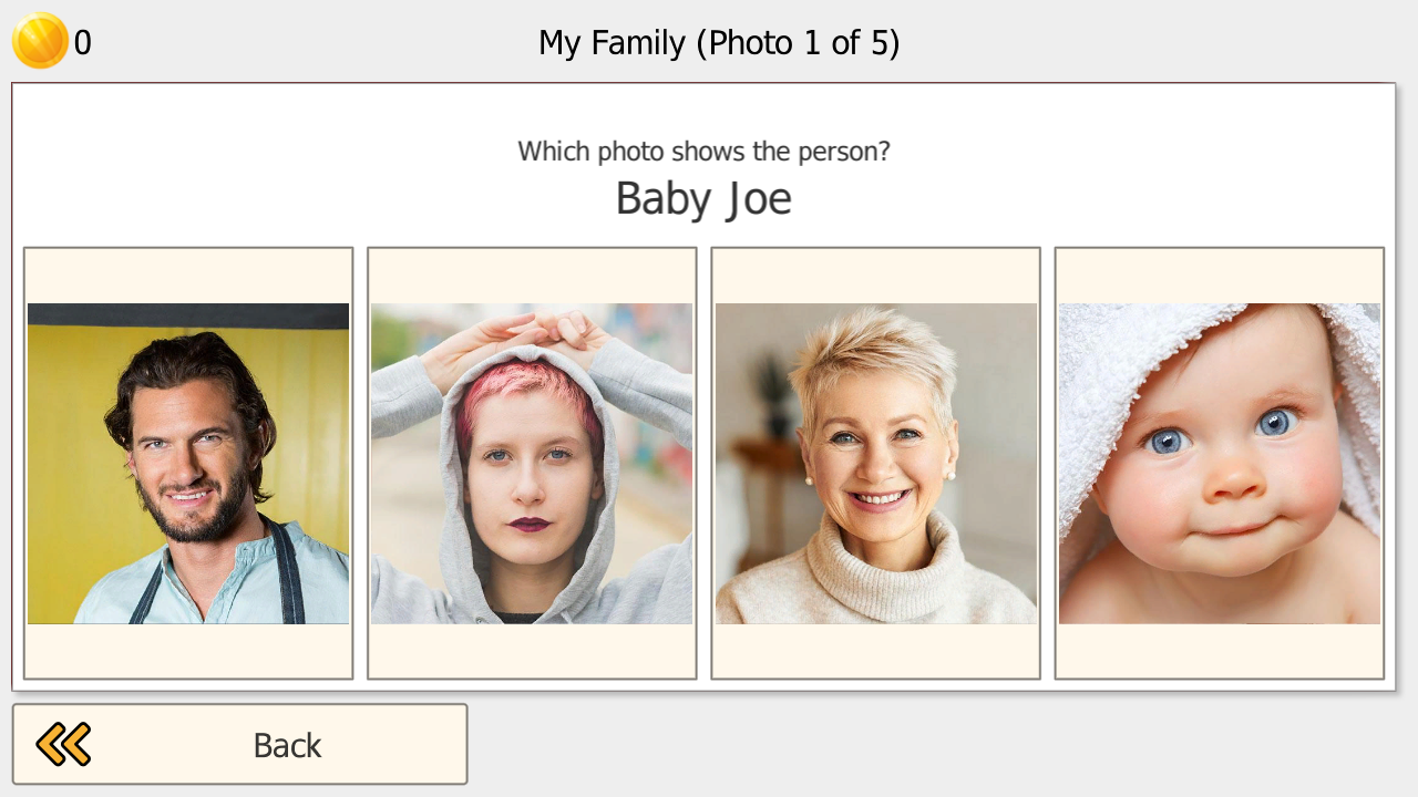 My World Q&A mode: My Family album asking Which photo shows the person Baby Joe with 4 portrait options
