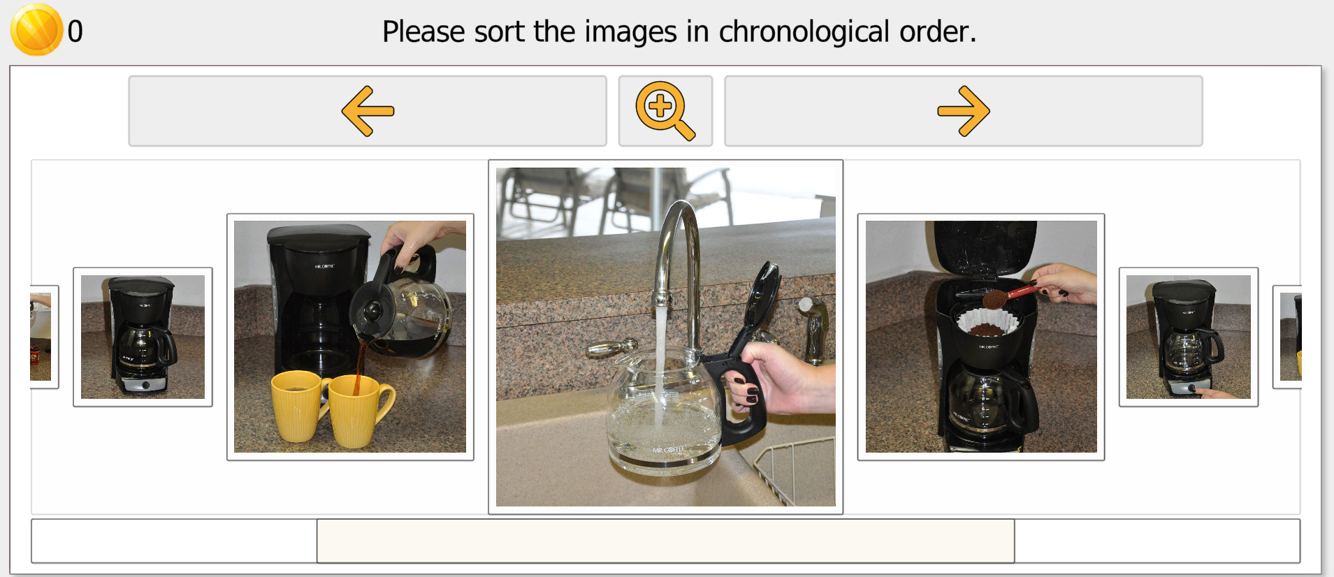My World sequencing mode: sort coffee making photos in chronological order - filling pot, pouring water, adding grounds, brewing