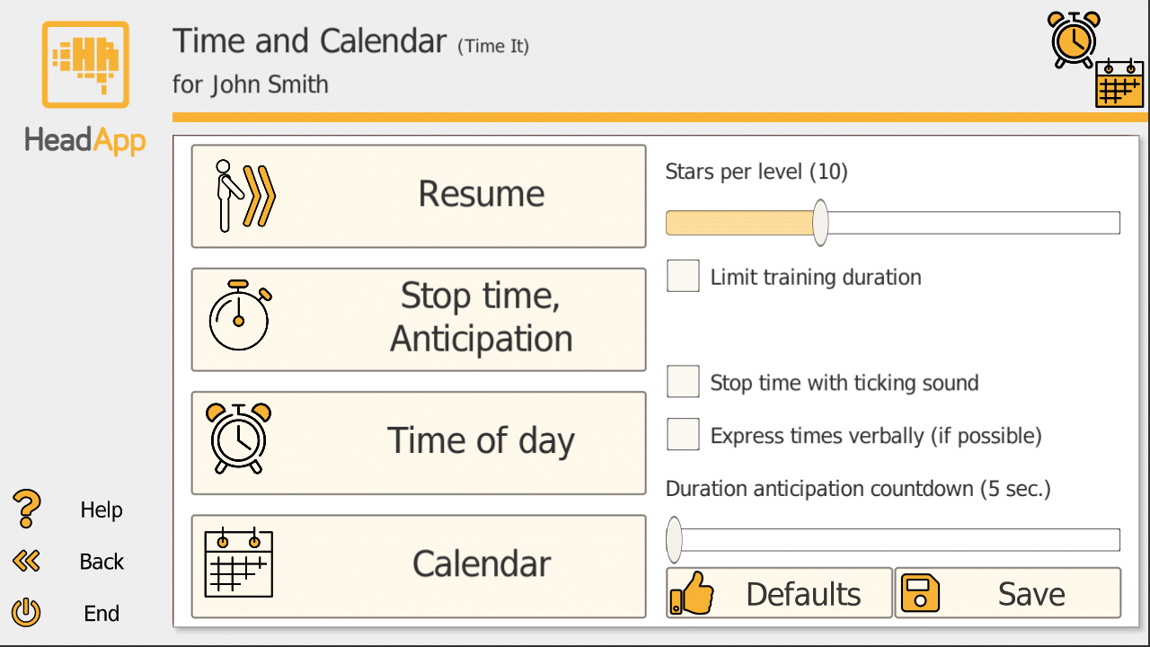 Time It settings menu showing Resume, Stop time/Anticipation, Time of day, and Calendar options