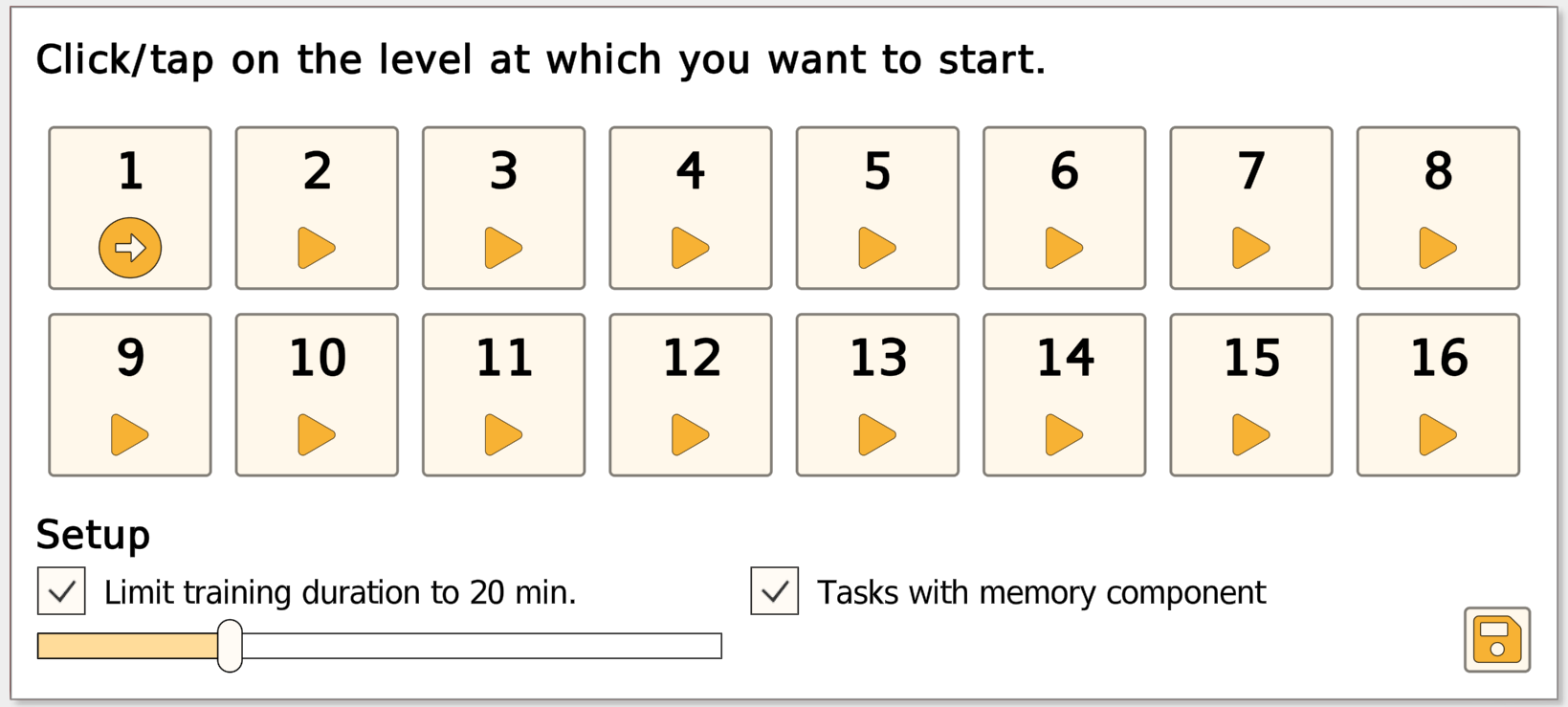 Vita Plan settings: 16 difficulty levels to choose from, training duration slider set to 20 minutes, tasks with memory component checkbox