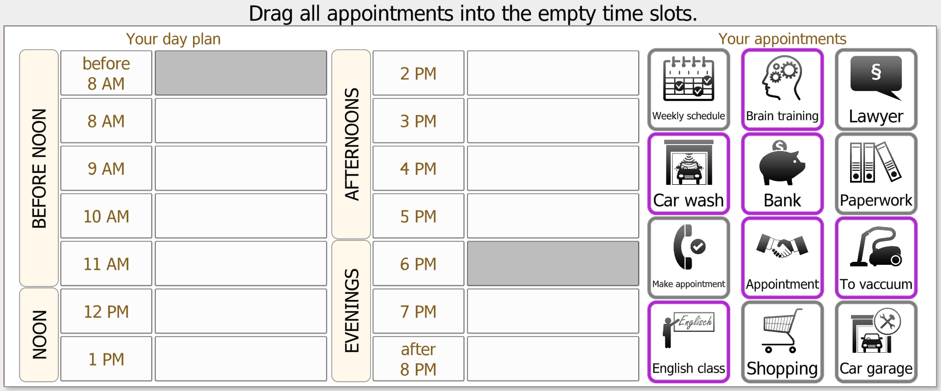Vita Plan task: day planner with time slots from before 8AM to after 8PM, appointment icons for weekly schedule, brain training, lawyer, car wash, bank, paperwork, shopping