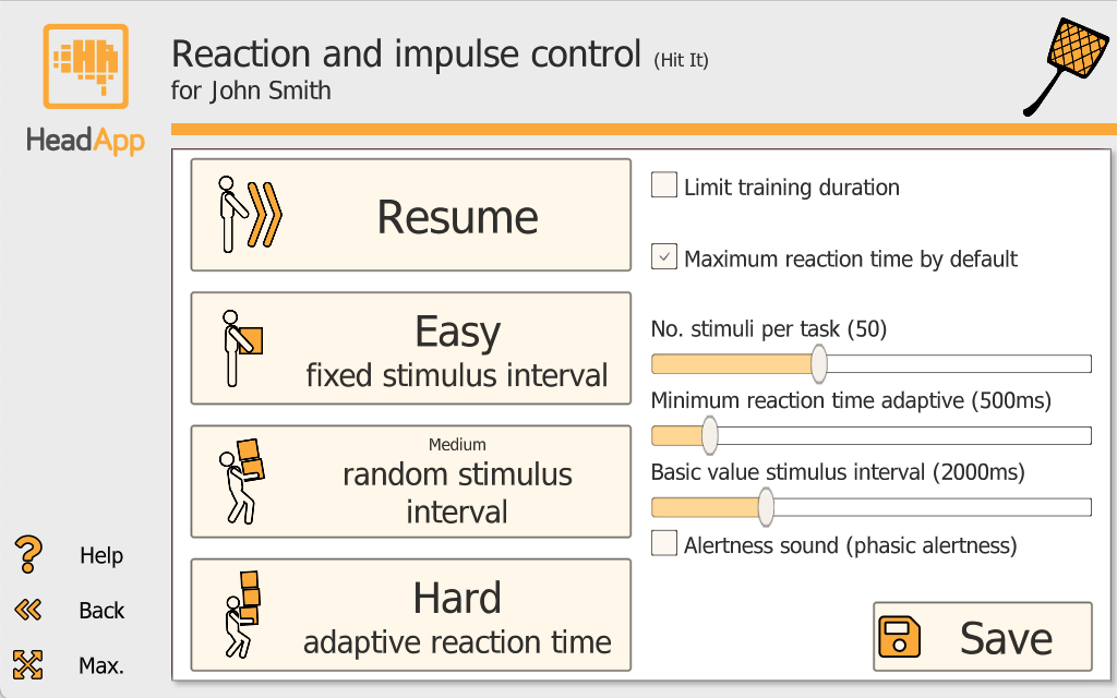 HeadApp Hit It settings screen showing difficulty levels and configuration options