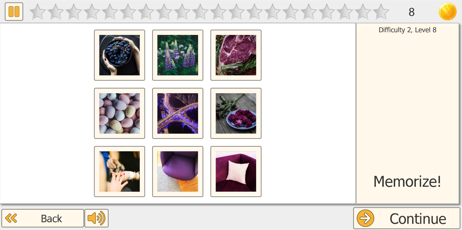 Flip It encoding phase - 3x3 grid of photo cards face up showing purple-themed images with Memorize prompt at Difficulty 2 Level 8