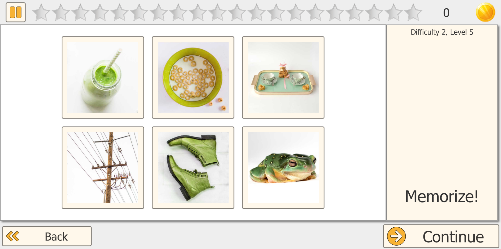 Flip It encoding phase - 2x3 grid of green-themed photo cards face up showing smoothie, cereal, tea set, power lines, boots and frog with Memorize prompt