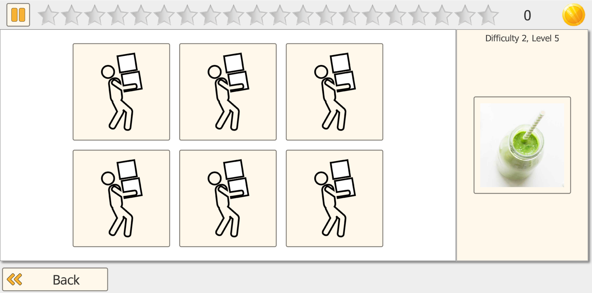 Flip It recall phase - 6 covered cards with stick-figure icons and a green smoothie as target image to find at Difficulty 2 Level 5