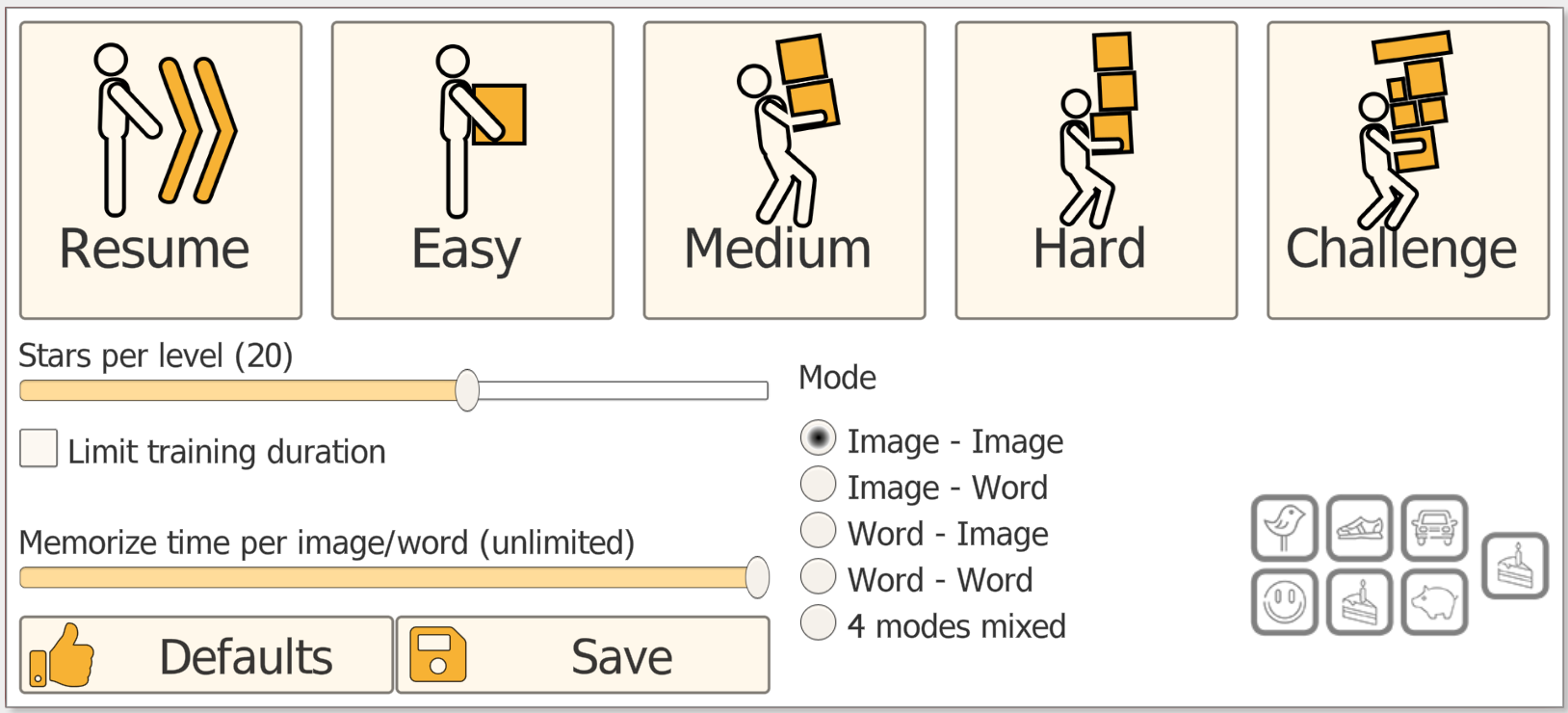 Flip It settings panel showing 5 difficulty levels (Resume, Easy, Medium, Hard, Challenge), stars per level slider, training mode selection and stimulus preview icons