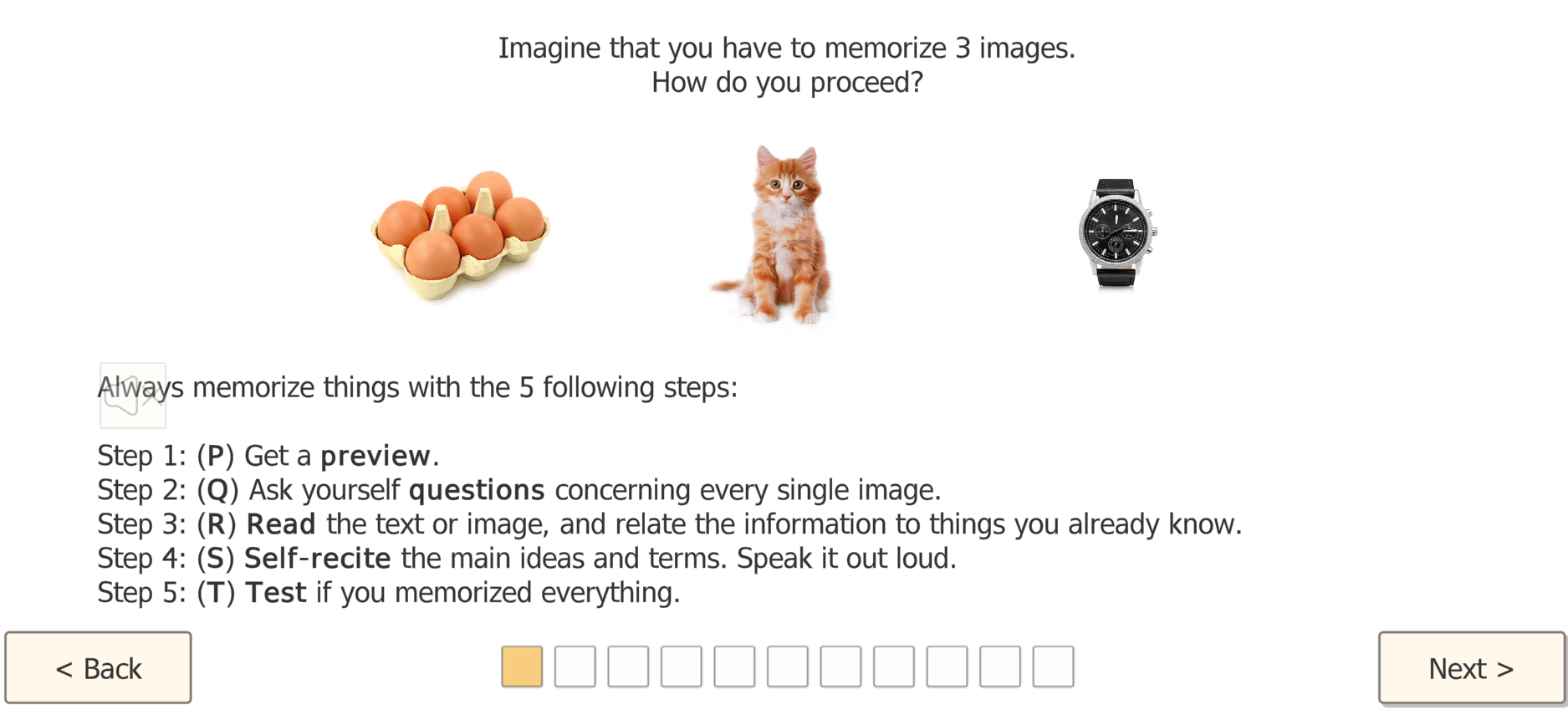 PQRST strategy screen showing three objects (eggs, kitten, watch) with the 5-step memorization method