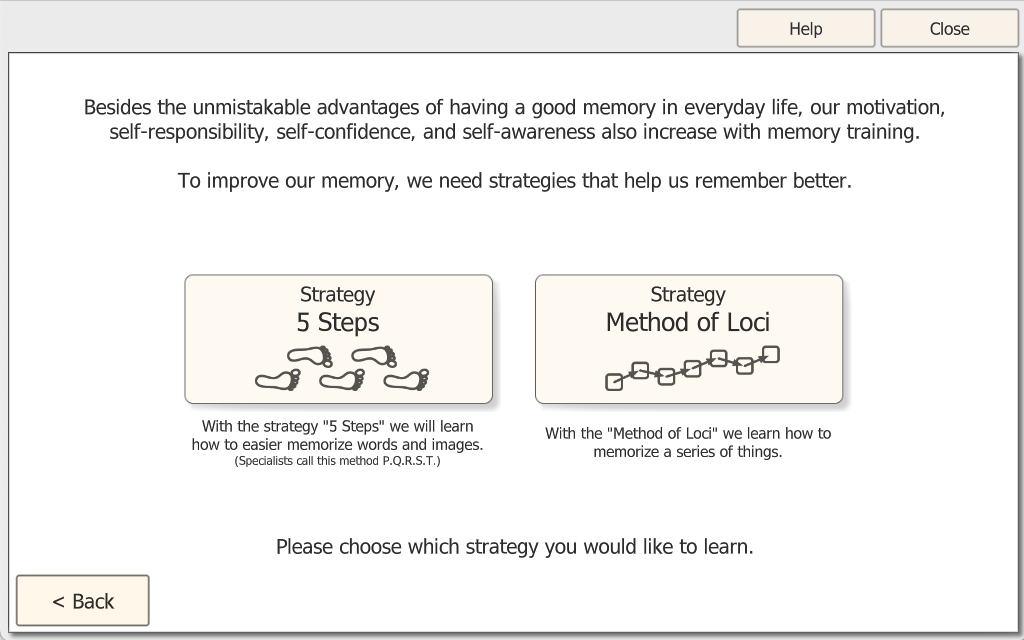 Learn It strategy selection screen - choose between 5 Steps (PQRST) and Method of Loci strategies