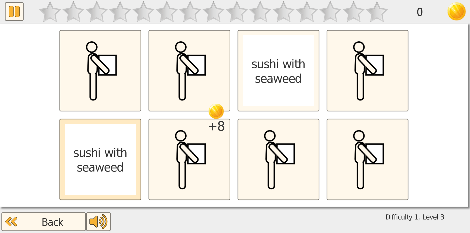 Pair It Word-Image matching at Difficulty 1 Level 3 - 4x2 grid with sushi with seaweed matched pair showing +8 score
