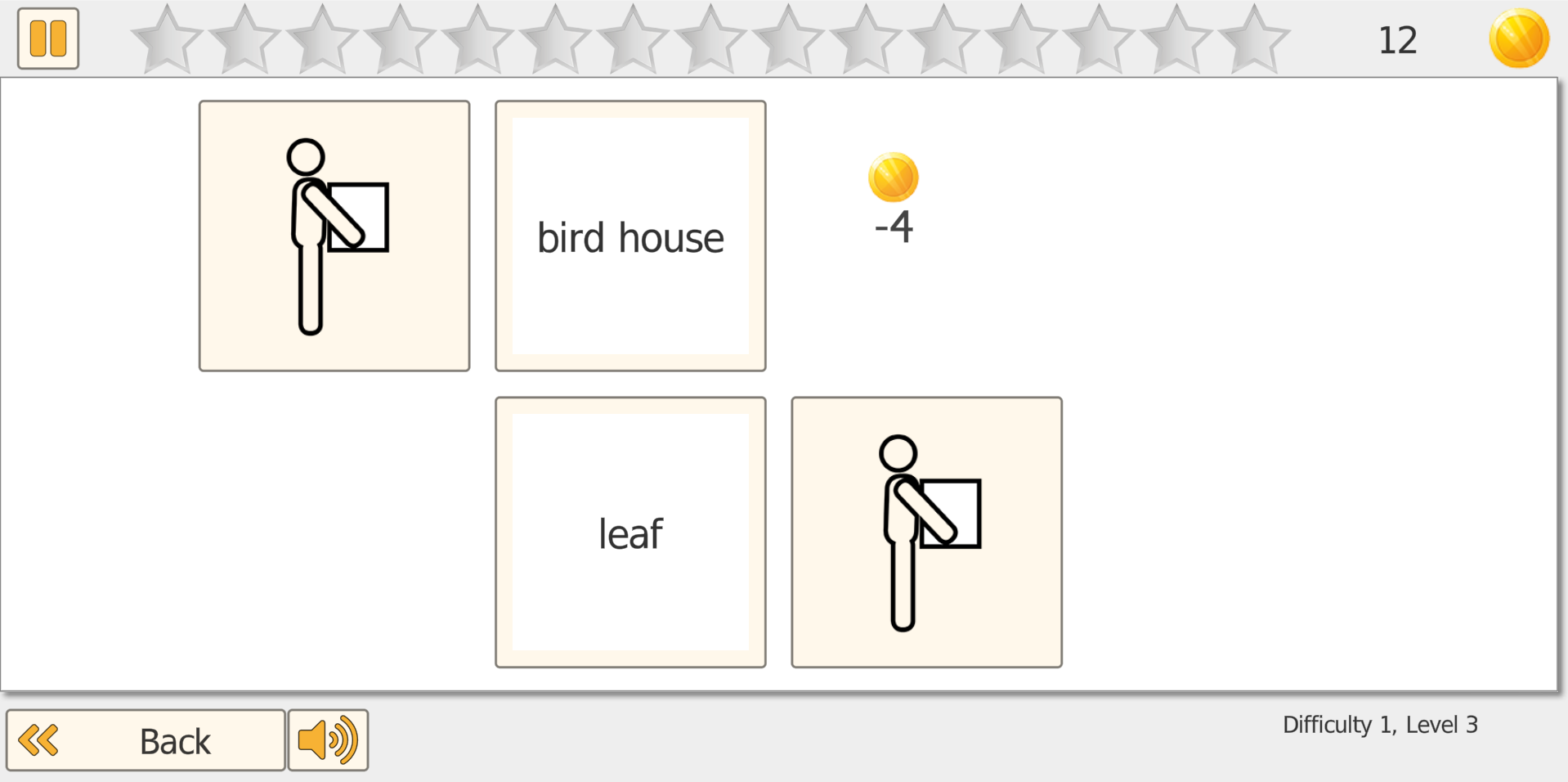 Pair It Word-Image mode at Difficulty 1 Level 3 - smaller grid showing bird house and leaf word cards with -4 penalty for failed match