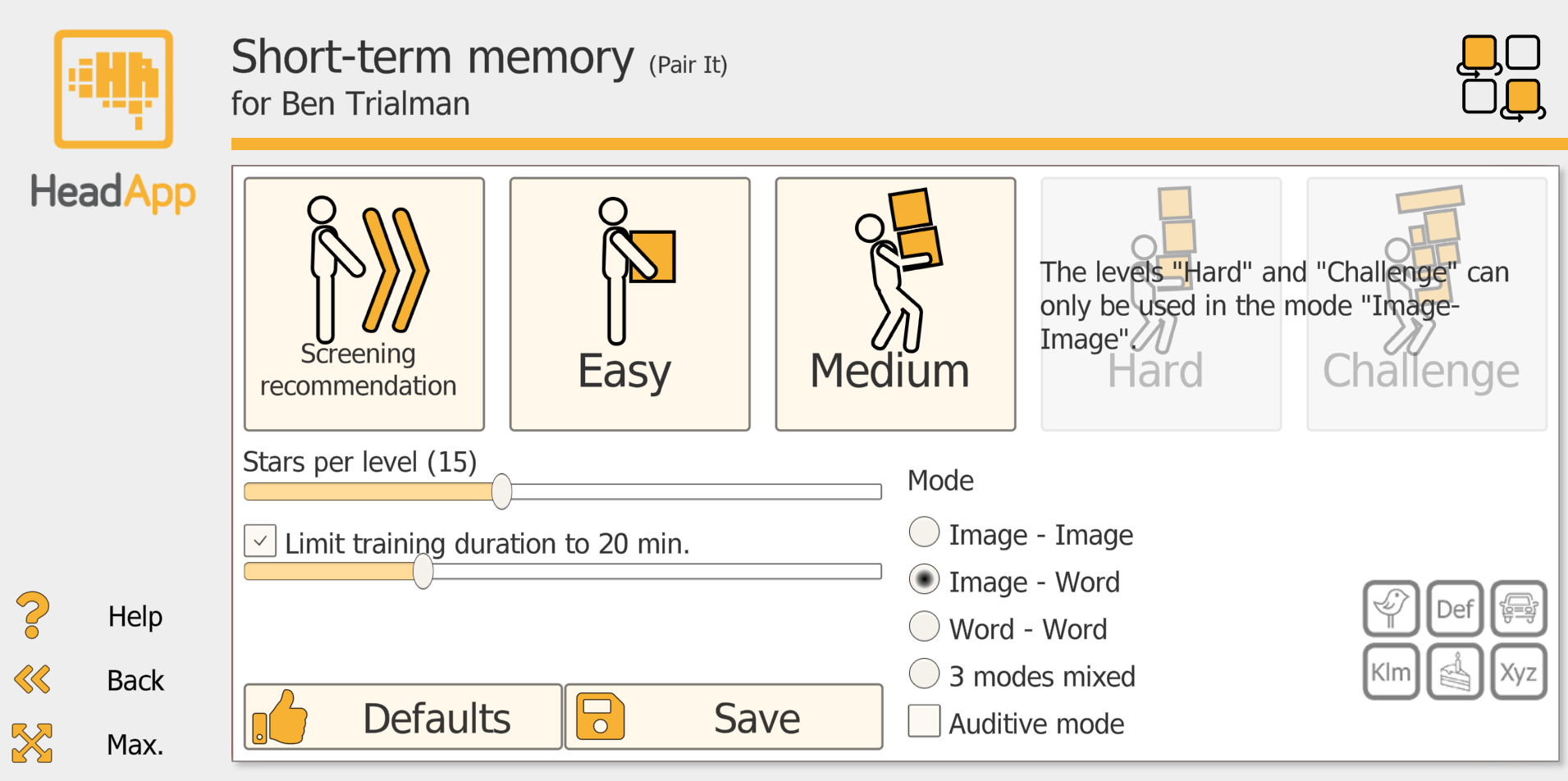 Pair It settings panel showing difficulty levels (Screening recommendation, Easy, Medium, Hard, Challenge), stars per level, training duration, mode selection and stimulus icons