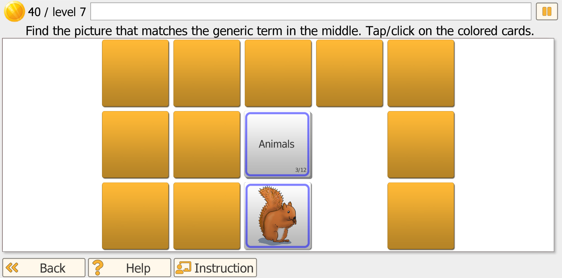 Vita Mem at level 7 showing a 3x5 grid of golden cards face down with Animals category (3/12) in the center and a squirrel motif card revealed below