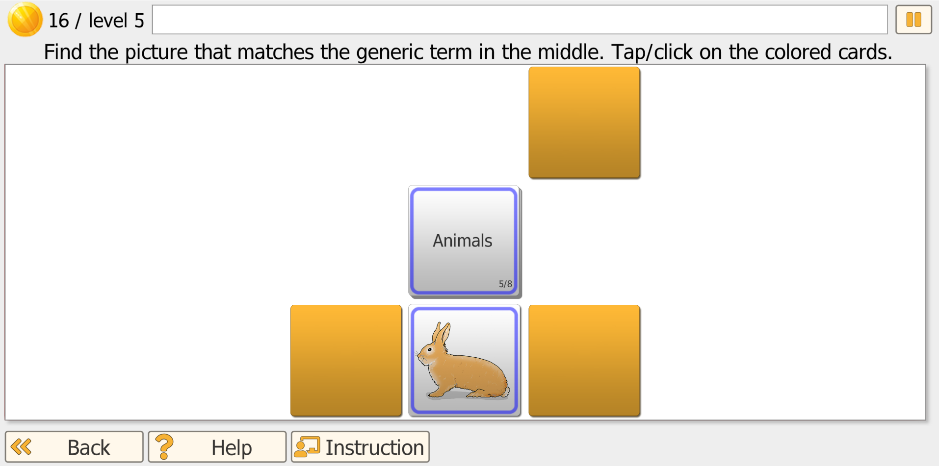 Vita Mem at level 5 showing Animals category (5/8) with a rabbit motif card revealed and 3 golden cards face down, blue color-coded borders for guided matching