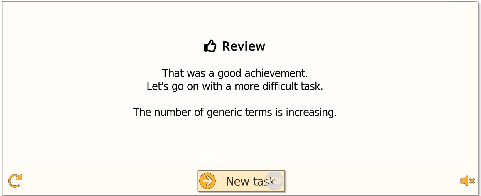 Vita Mem review screen - positive feedback message encouraging progression to a more difficult task with increasing generic terms
