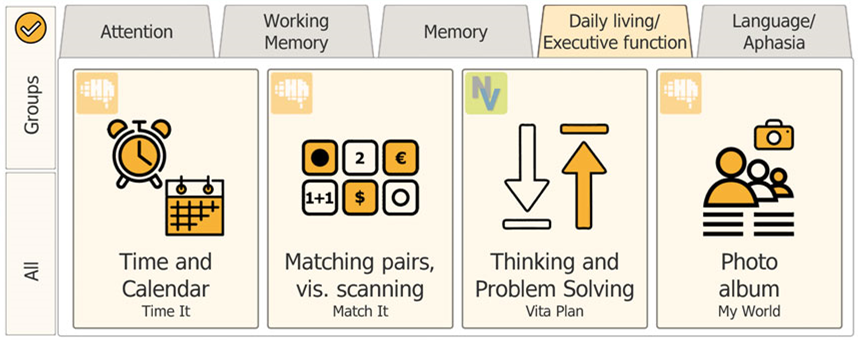HeadApp Executive Function module with Time It, Match It, Vita Plan, and My World