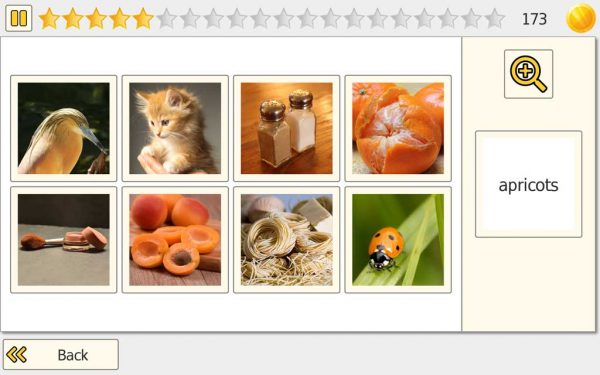 Pick It Word-Image mode: match the word apricots to the correct image among 8 options