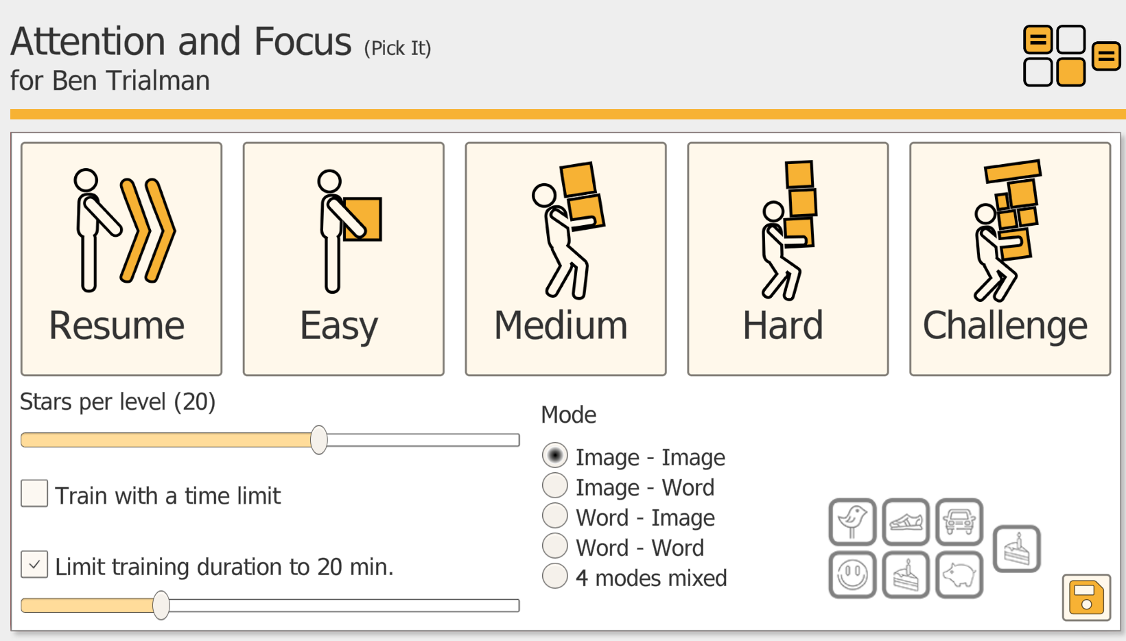 HeadApp Pick It settings screen showing 5 difficulty levels, mode selection, stars per level, and training duration options