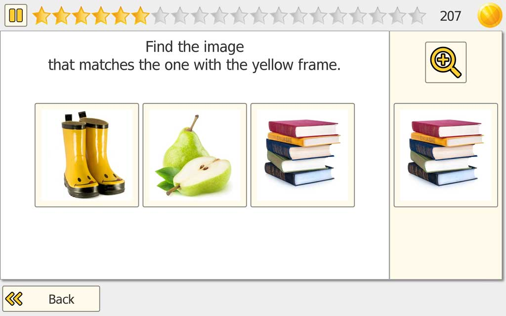 HeadApp Pick It training screen: find the image matching the yellow-framed reference among rain boots, a pear, and stacked books
