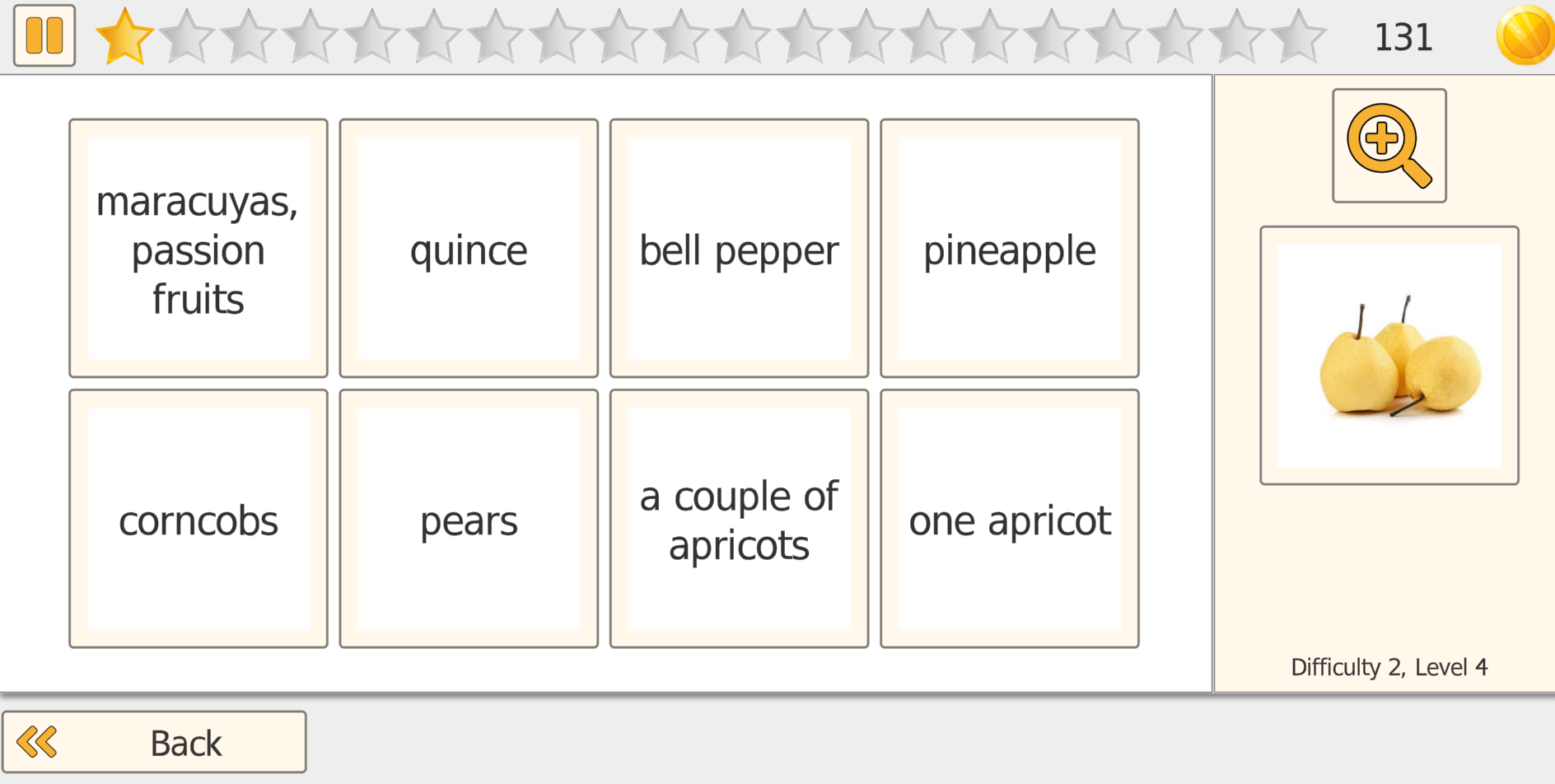 Pick It Image-Word mode at Difficulty 2 Level 4: match a reference image of pears to the correct word among 8 options