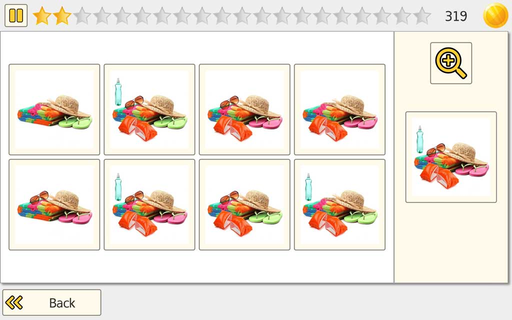 Pick It high-difficulty level with 8 very similar beach-themed images requiring careful visual comparison
