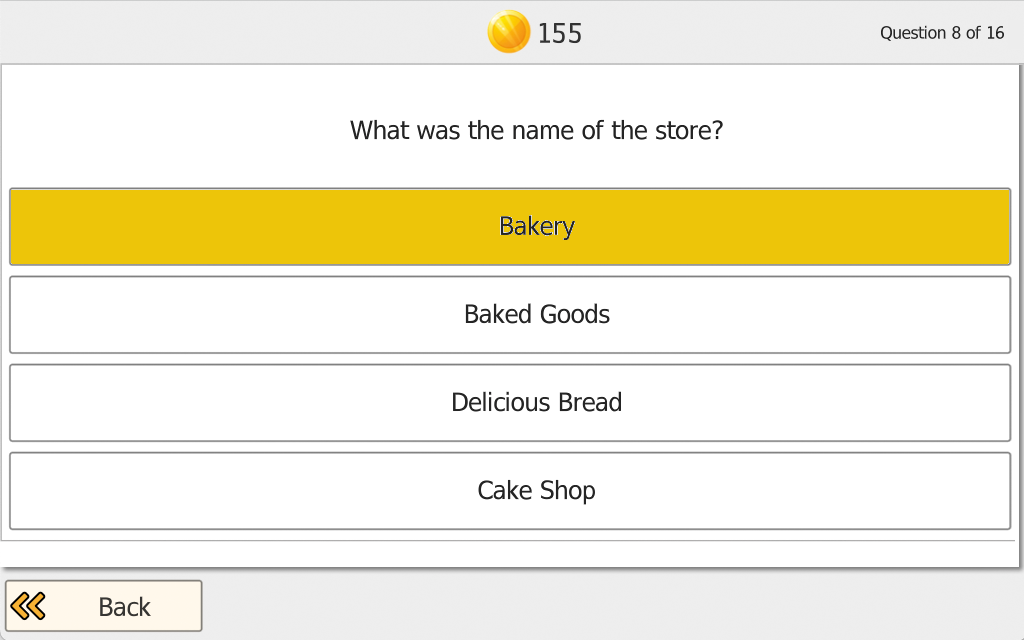 See It multiple-choice question screen: What was the name of the store? with four answer options, question 8 of 16