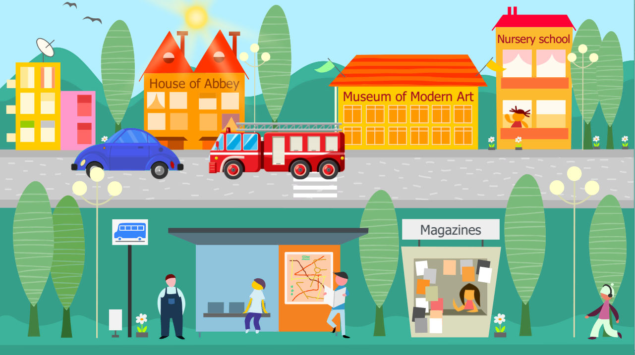 See It street scene stimulus: colorful illustrated city with buildings, vehicles, bus stop, pedestrians, and shop signs that patients must memorize