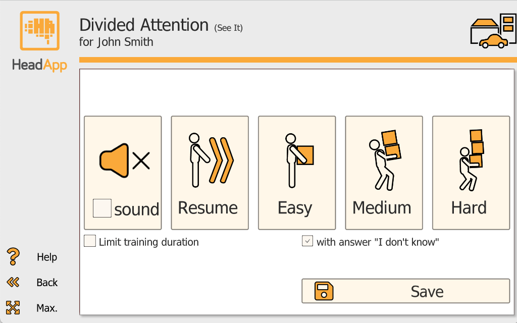 See It settings screen showing sound toggle, difficulty levels (Easy/Medium/Hard), training duration limit, and I don't know answer option