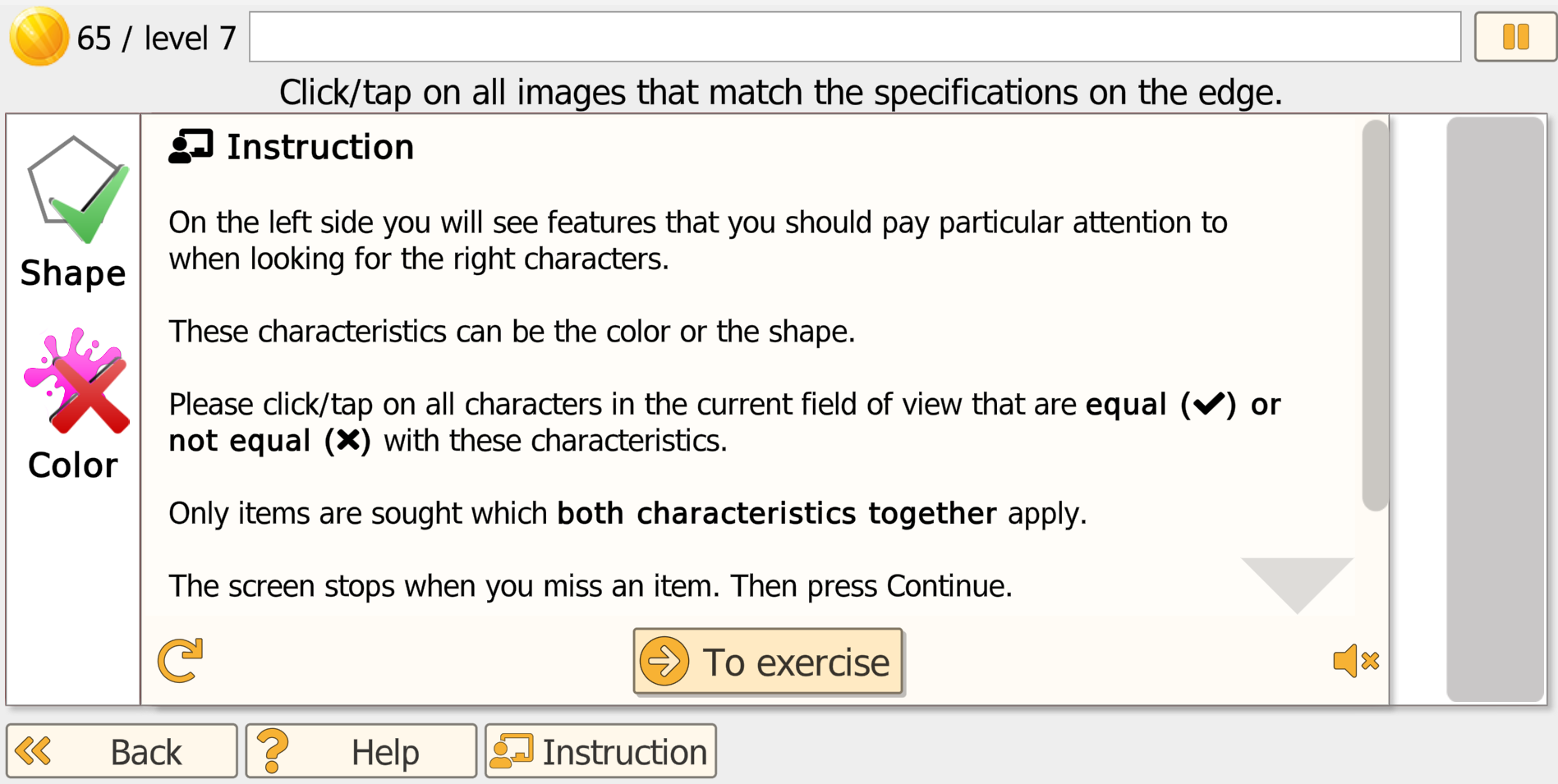 Vita Att in-app instruction screen at Level 7 showing rule indicators for shape and color with detailed task explanation