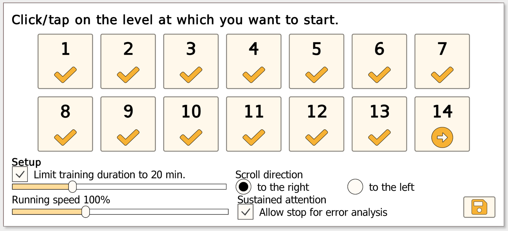 Vita Att settings screen showing 14 difficulty levels, training duration, running speed, scroll direction, and sustained attention options