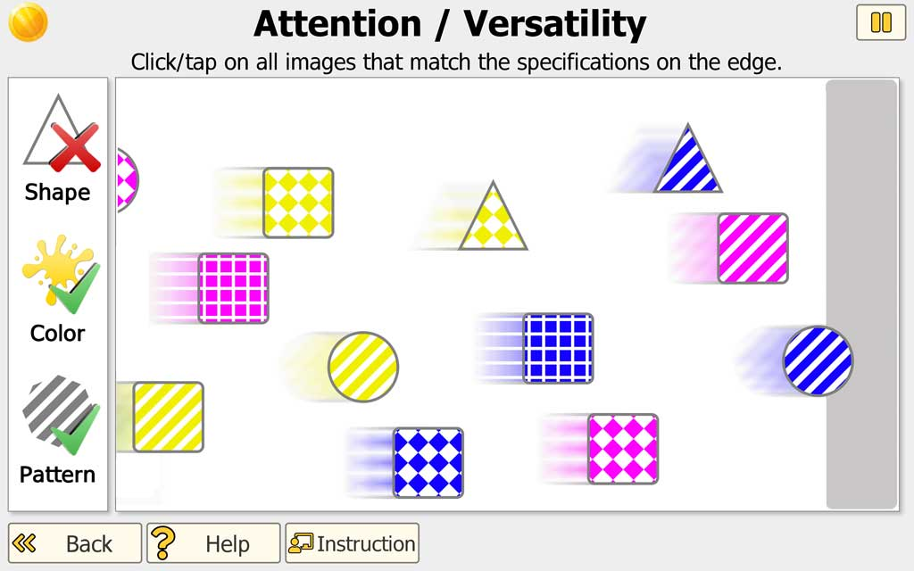 Vita Att training screen: colorful geometric shapes moving across the screen with rule indicators for shape, color, and pattern along the left edge