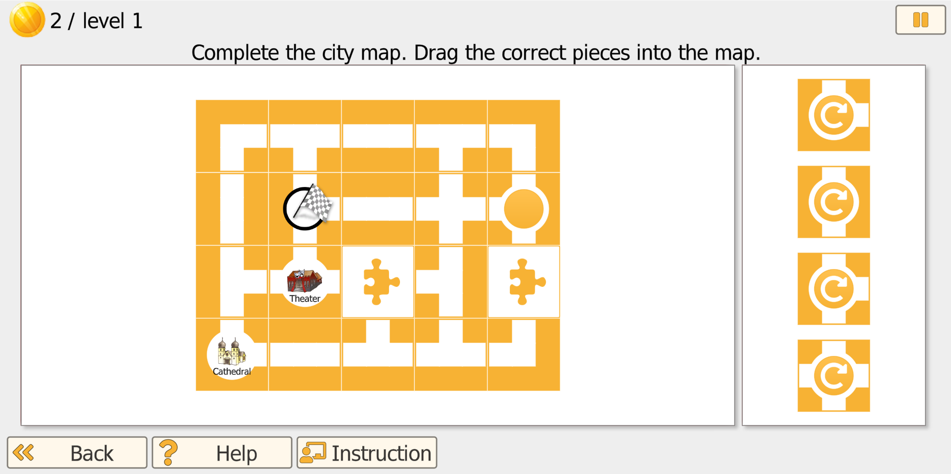 Vita City Part 1: complete the city map by dragging tiles from the right panel into gaps, with landmarks Theater and Cathedral visible