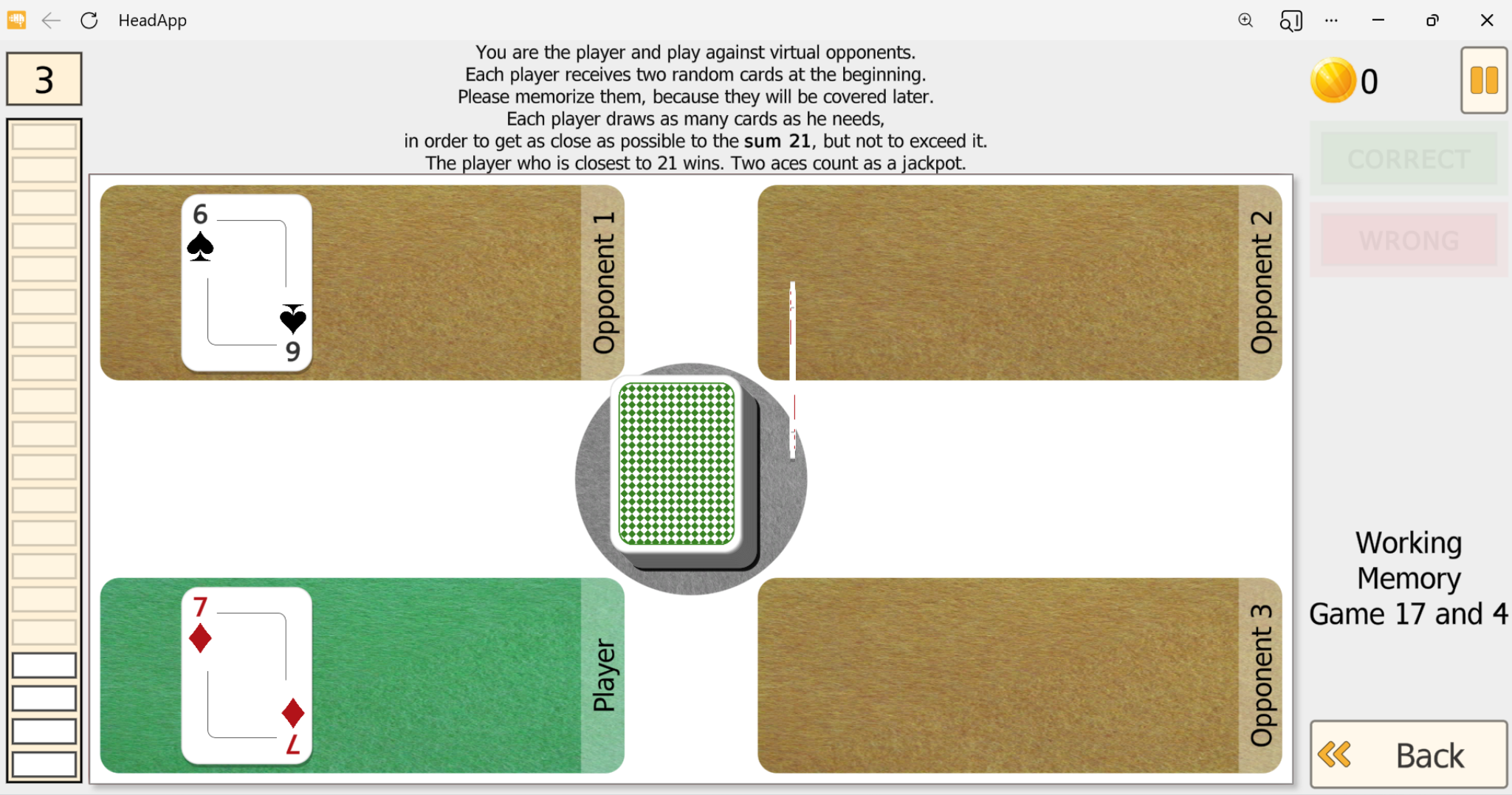 Working Memory Game 17 and 4 - Blackjack-style task with Player, Opponent 1-3 areas and central card deck