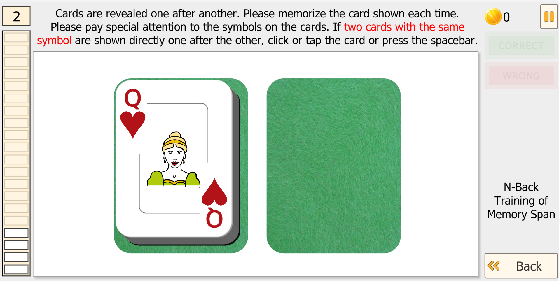 N-Back Level 2 - match cards with same symbol: Queen of hearts shown