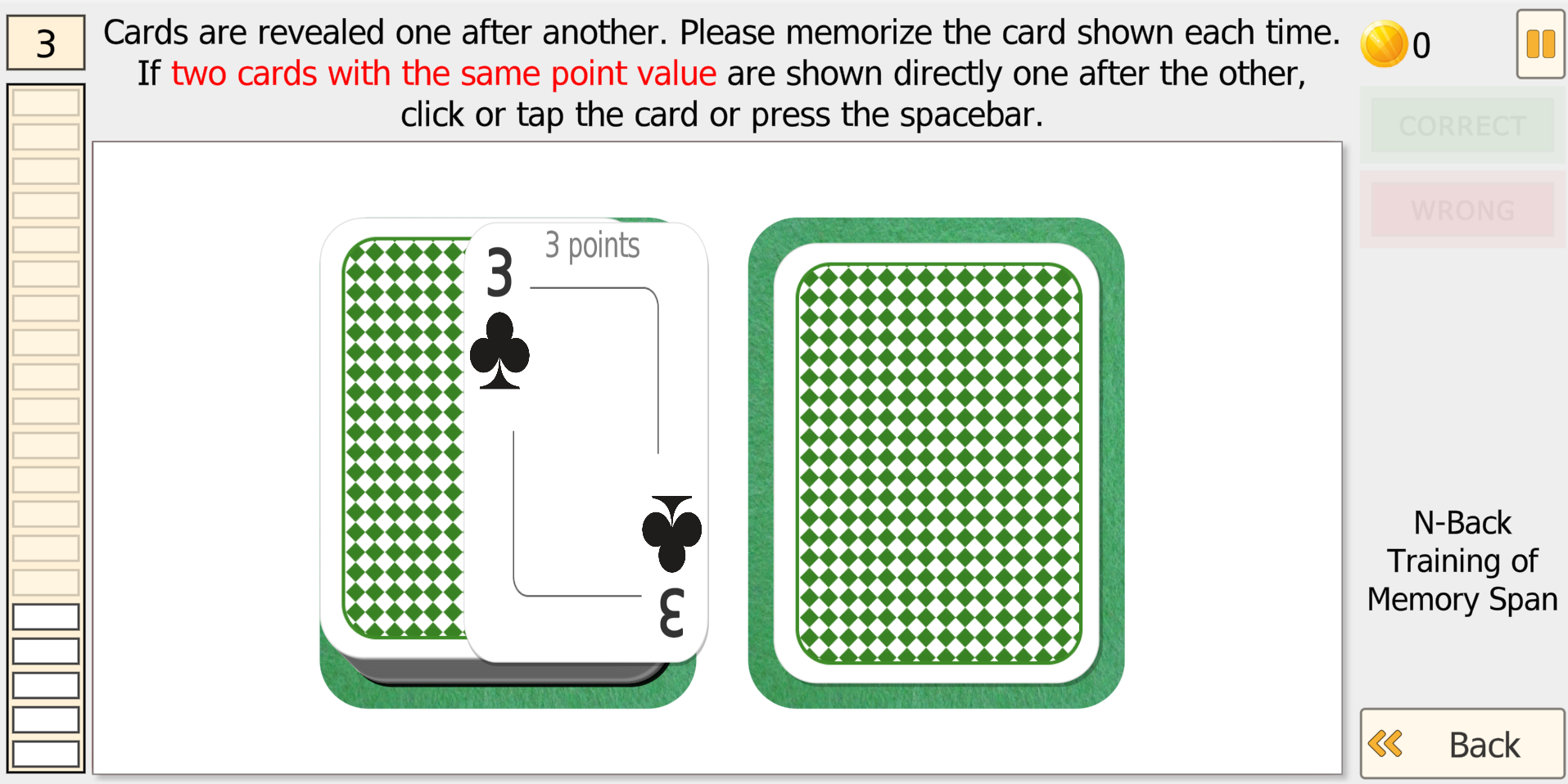 N-Back Level 3 - match cards with same point value: 3 of clubs shown