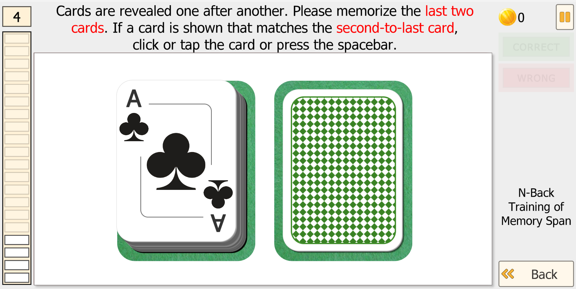 N-Back Level 4 - 2-back task: memorize and compare second-to-last card