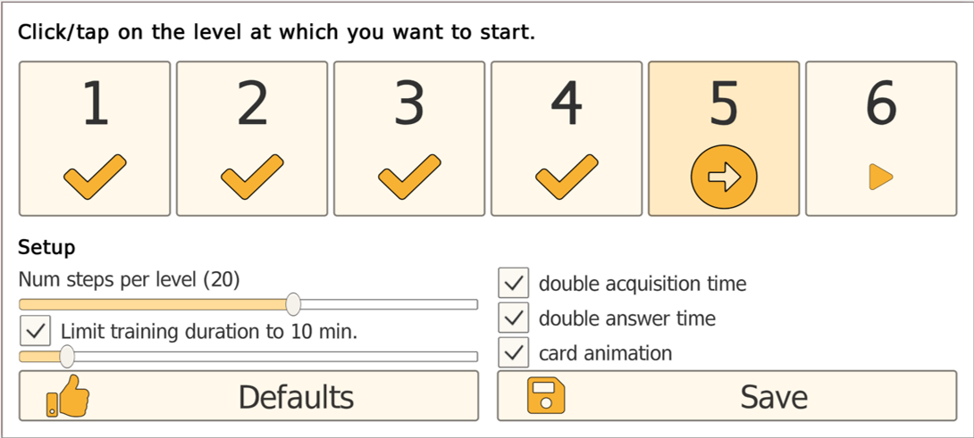 N-Back settings panel showing 6 difficulty levels, steps per level, time limit, and timing options