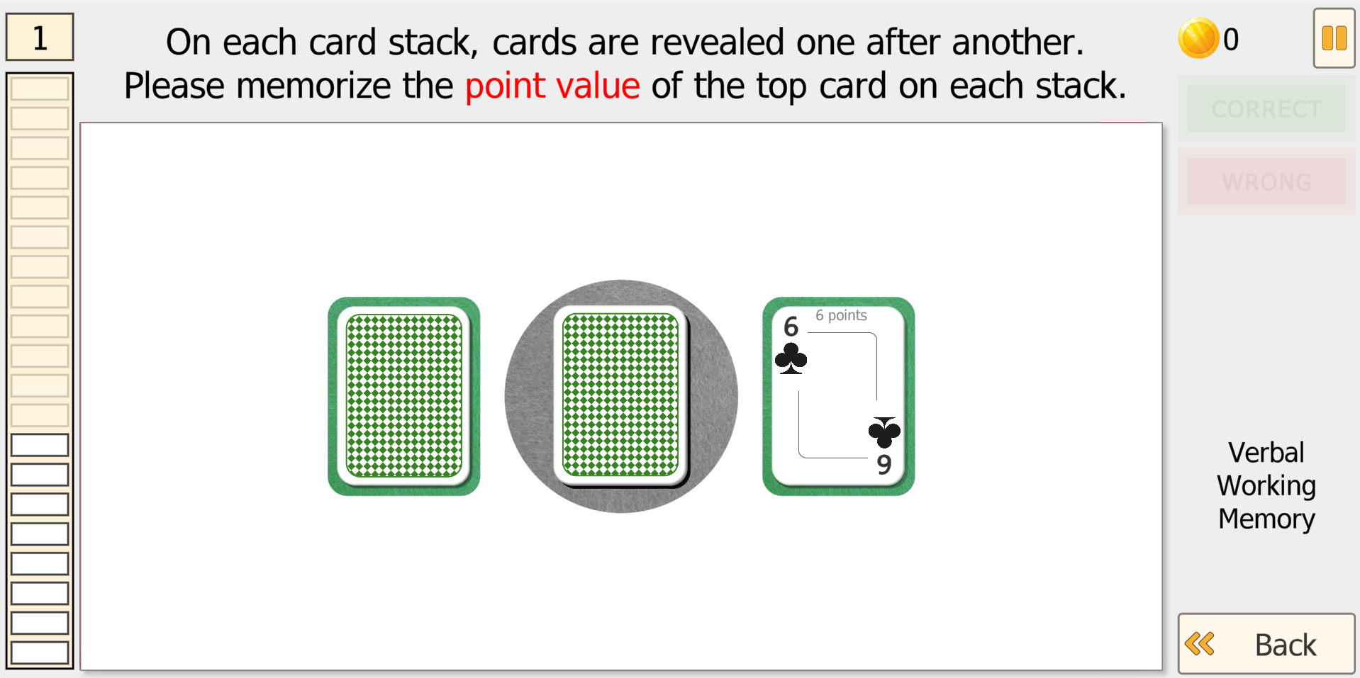 Verbal Working Memory Level 1 - three card stacks with instruction to memorize point values of top cards